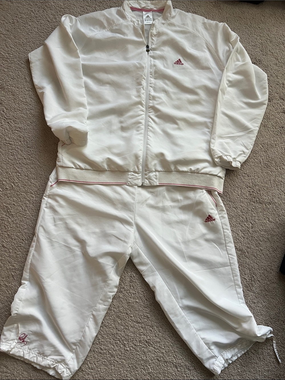 Adidas women’s White Track Jacket and Capri Sweatpants Set with Pink Logo